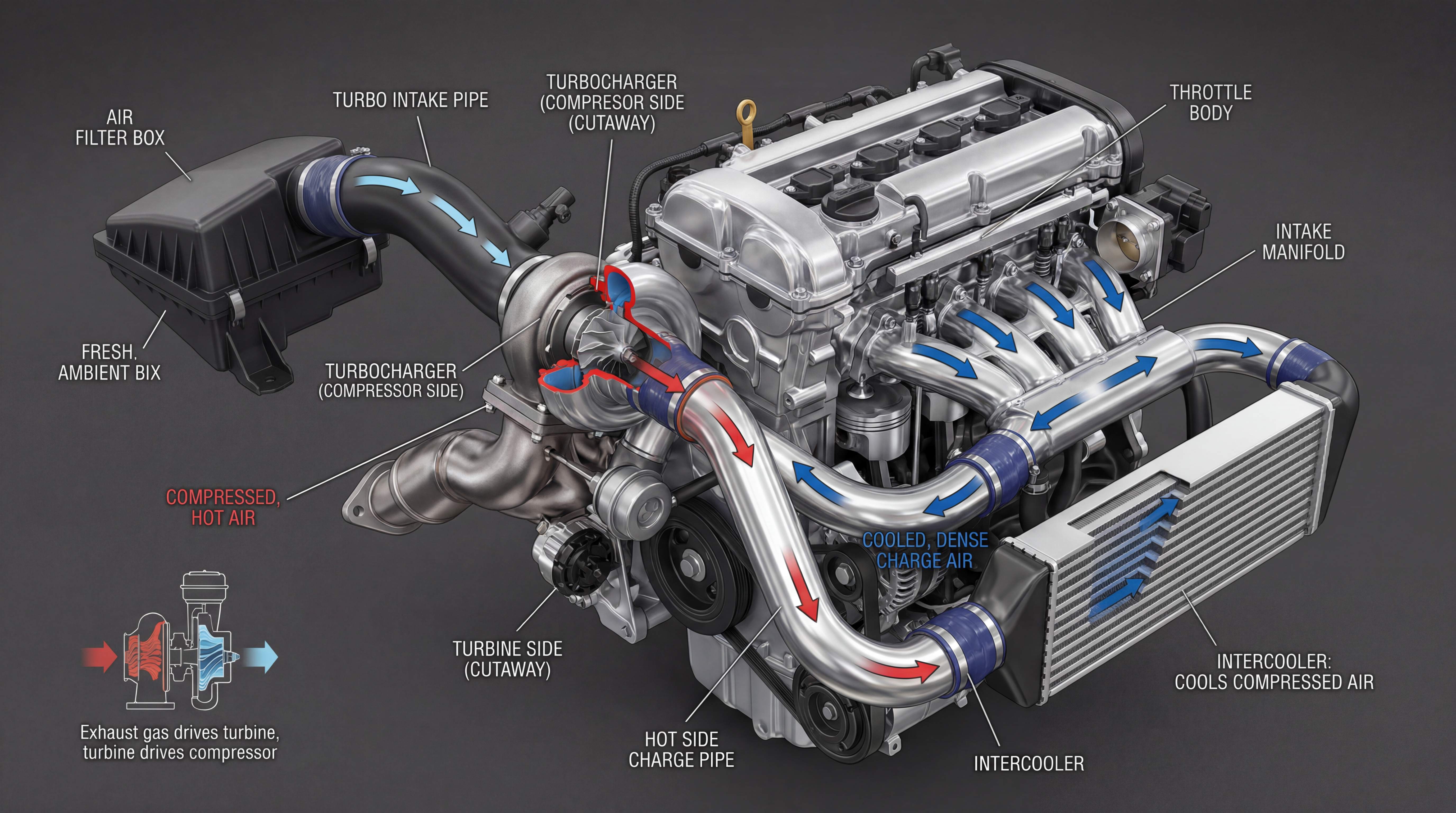 Turbo intake and intercooler airflow system diagram showing compressor, hot side charge pipe, intercooler, cold side pipe and throttle body